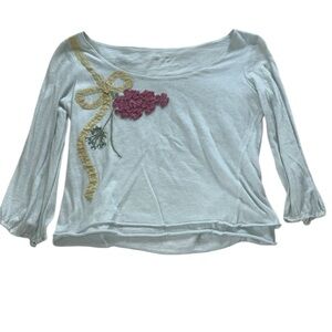 Vintage Y2K Anthropologie Cross Stitch Heart Ribbon Embellished Top Light Blue M